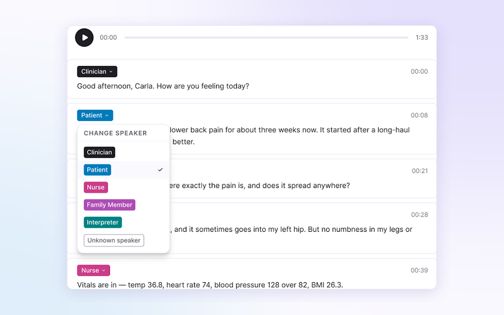 Timestamped visit transcript with identified speakers and audio playback.